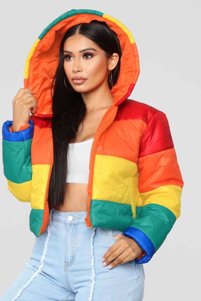 Fashion Rainbow Hooded Full Sleeve Women Energy Slim Thick Regular Wind Outwears 1399067