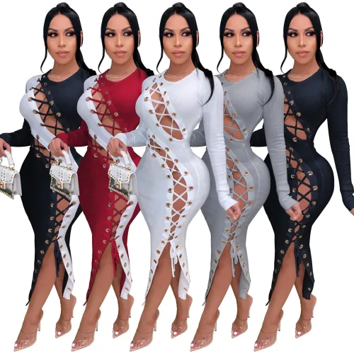 Women's Winter Dress Sexy Slim Lace Up High Bouncing Striped Dress G035413