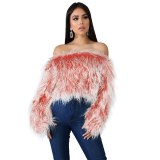 Hot Selling Sexy off-the-Shoulder Fur Clothing Short Tops G025011