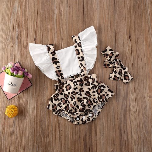 Newborn Baby Girls Clothes Leopard Print Headband 2pc Bodysuits