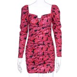 Spring Long Puff Sleeve Print Short Mini Dress Dresses D9B149486W