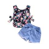 Baby Girls Tops Button Shorts Bow Headband 3pc Kids Bodysuits CY24236