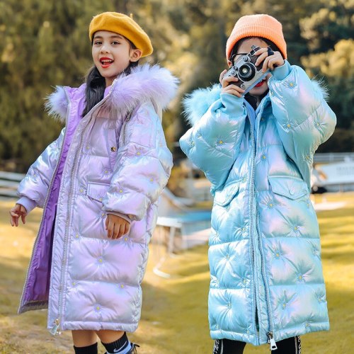 Long Winter Jackets for Kids Girl  Fur Hoodie Children Bright Bubble Coats BBZ881623