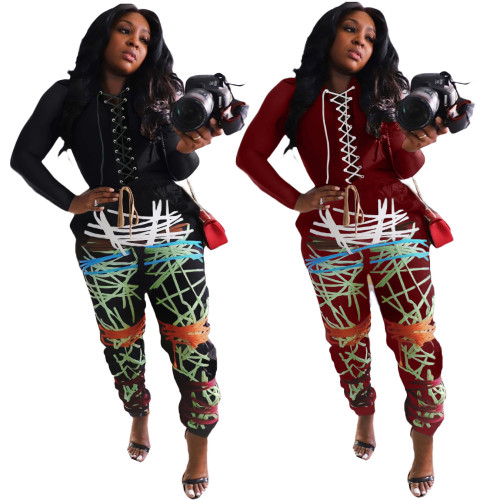 Women's Set Lace Up Sweatshirt Tops Printed Pant Two Piece Tracksuits LY927738