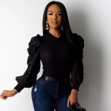 Women Trendy Modern Knit Puff Long Sleeve T Shirt Tops WS3729310