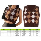 Women Black Sleeveless Plaid Knitted Crop Sweaters Vest HT524225W0H