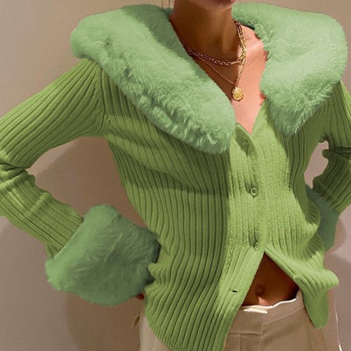Faur Fur Women Green Long Sleeve Sweater Sweaters LQ74534W01I