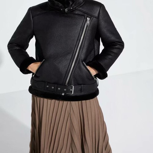 Fur Faux Leather Jacket with Belt Women Warm Thicken Coat Coats 1179810
