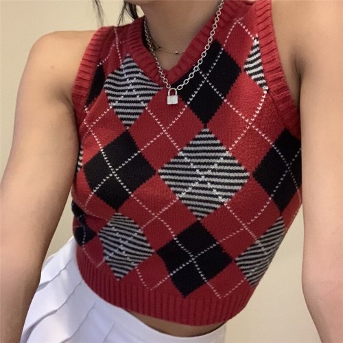 Women Black Sleeveless Plaid Knitted Crop Sweaters Vest HT524225W0H