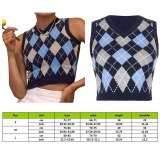 Women Black Sleeveless Plaid Knitted Crop Sweaters Vest HT524225W0H