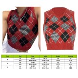 Women Black Sleeveless Plaid Knitted Crop Sweaters Vest HT524225W0H