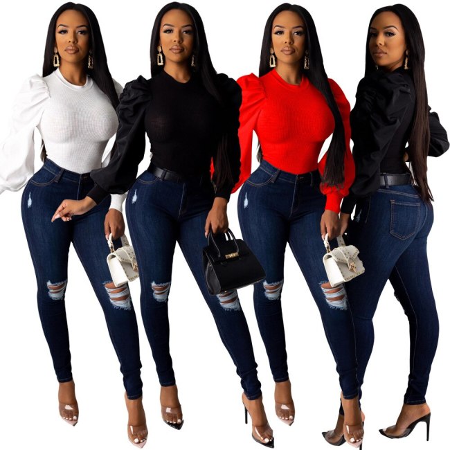 Women Trendy Modern Knit Puff Long Sleeve T Shirt Tops WS3729310