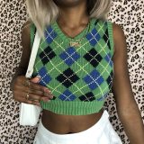 Women Black Sleeveless Plaid Knitted Crop Sweaters Vest HT524225W0H