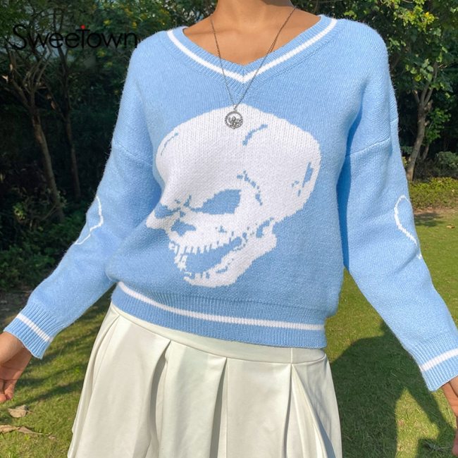 Sweetown Skulls Knitted Long Sleeve Autumn Sweater Sweaters KT63612W01I