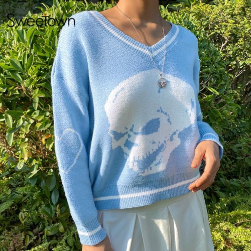 Sweetown Skulls Knitted Long Sleeve Autumn Sweater Sweaters KT63612W01I