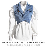 Fashion Jeans Vest Bubble Sleeve Shirt Top Tops