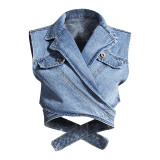 Fashion Jeans Vest Bubble Sleeve Shirt Top Tops