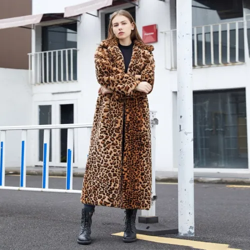 Leopard Print Faux Rabbit Fur Super Long Collar Furry Coat XF-53