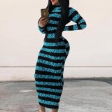Autumn Sexy Striped Print Bodycon Long Dress Dresses QZ20101829
