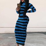 Autumn Sexy Striped Print Bodycon Long Dress Dresses QZ20101829