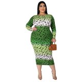 Women Long Sleeve Leopard Plus Size Long Dress Dresses 892839
