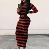 Autumn Sexy Striped Print Bodycon Long Dress Dresses QZ20101829