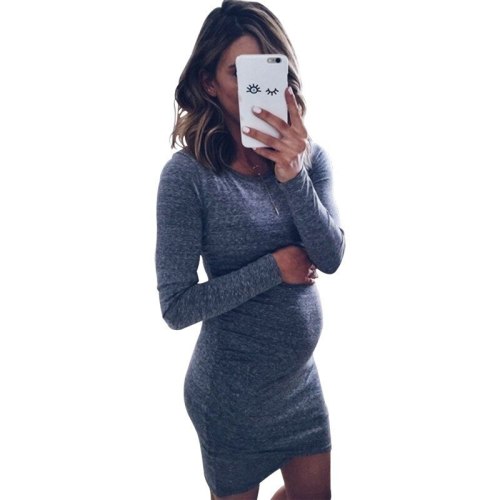 Solid Color Round Neck Long Sleeve Maternity Dress Dresses OM8749