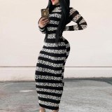 Autumn Sexy Striped Print Bodycon Long Dress Dresses QZ20101829