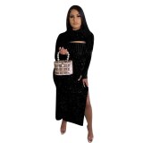O-Neck Long Sleeve Back Hollow Out Side Party Dresses 896273