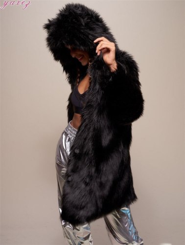 2020 Woman Mid-length Black Faux Rabbit Fur Coat Coats H-20D00213