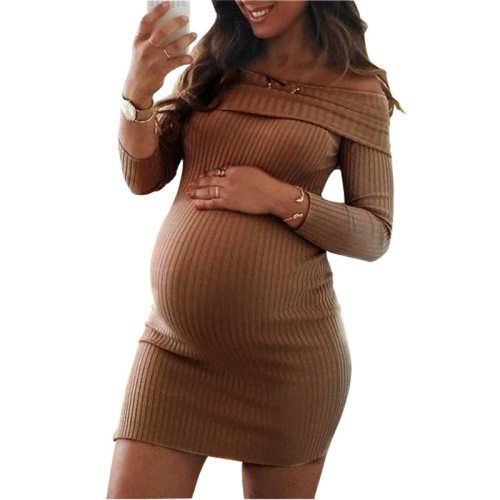 Pregnant Dress Woman Solid Color Shoulderless Dresses OM8733