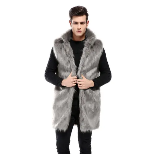 New Winter Fashion Men Faux Fur Sleeveless Vest Long Overcoat