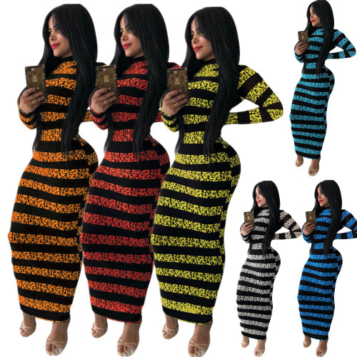 Autumn Sexy Striped Print Bodycon Long Dress Dresses QZ20101829