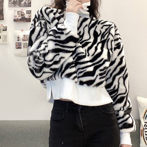 Autumn Winter Zebra Print Faux Fur Women Top Tops K20L09393