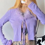 Fashion Solid Color Fur V-neck Lace up T-shirt Tops T1738192