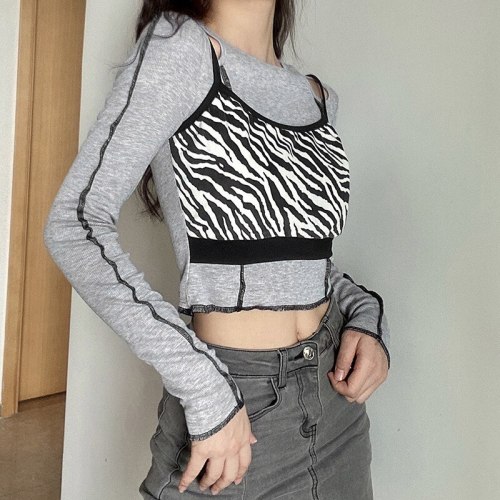 Long Sleeve Round Neck Off-shoulder T-shirt Woman Sexy Crop Tops K20L08886