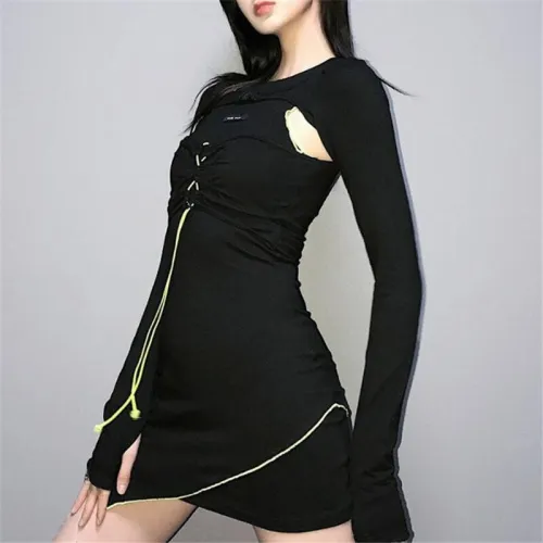 Black Sleeveless Front Lace-up Dresses K20D08969