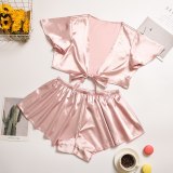 Women Pink Night Set Fashion Comfortable Sleepwear Satin Silk Pajamas Z0631A