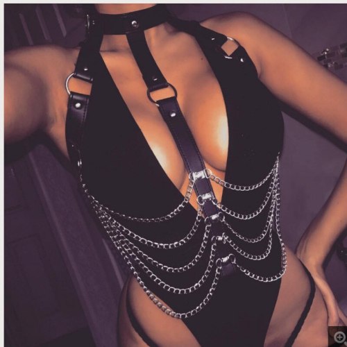 New Sexy Crop Top Women Backless PU Chain Patchwork Tops YX732