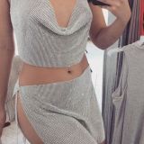 Sexy Women's Sequined Diamonds Crop Tops and Skirts Set YX656