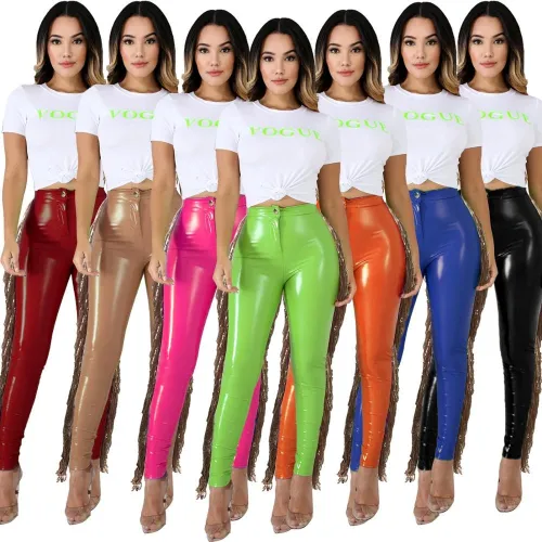 Women Faux PU Leather Pants Button Zippers Faux Leather Long Pants A3241
