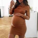 Pregnant Dress Woman Solid Color Shoulderless Dresses OM8733