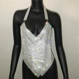 Women Deep V Neck No Back Vests Metal Diamond Tank Tops YX661
