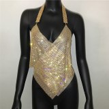 Women Deep V Neck No Back Vests Metal Diamond Tank Tops YX661