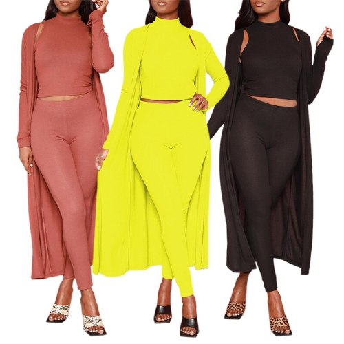 Casual Solid Cropped Top+Skinny Pants+Long Sleeves Bodysuits H206