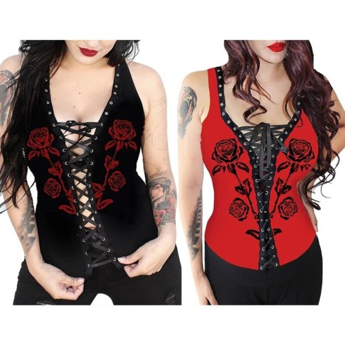 Sexy Vest Print Rose Bust Lace Up Bandage Hollow Out Tops F3T164