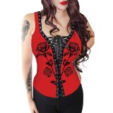 Sexy Vest Print Rose Bust Lace Up Bandage Hollow Out Tops F3T164