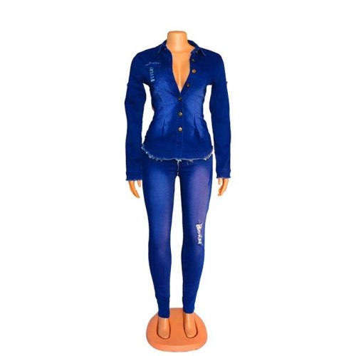 Two Pieces Set Blue Long Sleeve Jeans Bodysuits