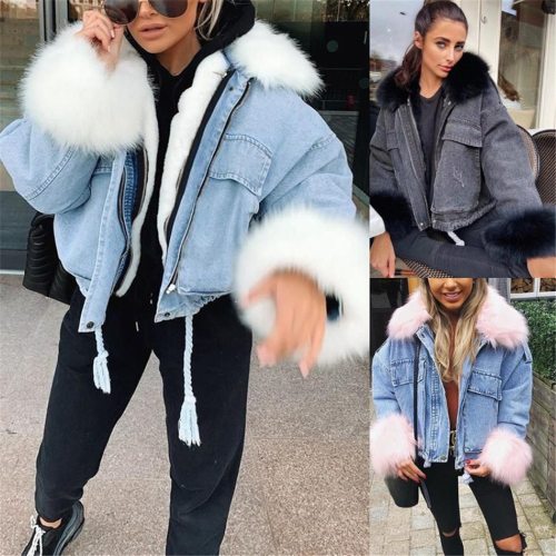 Women Winter Jacket With Faux Fur Collar Punk Style Warm Short Coats D6S053
