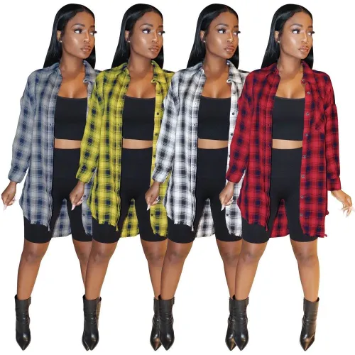 Women Plaid Shirt Shirts Blouses Auutmn Full Sleeve Tops G036879